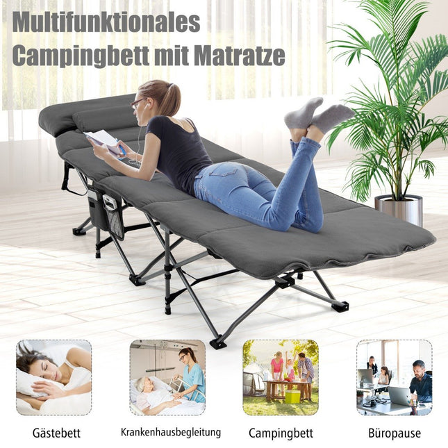 Camp bed folding camping bed with mattress 185 cm x 65 cm x 41-53 cm gray