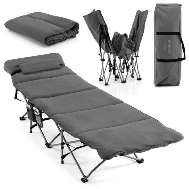 Camp bed folding camping bed with mattress 185 cm x 65 cm x 41-53 cm gray