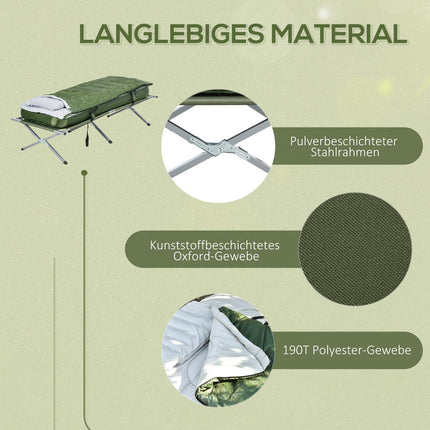 Camping bed with pillow, foldable, 120 kg capacity, green