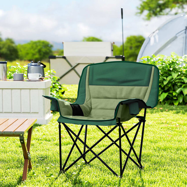 Folding camping chair with cup holder & side pocket, green