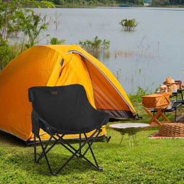 Folding camping chair with side pocket - steel legs, black