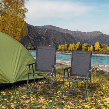 Folding camping chairs Set of 2 with armrests, black metal