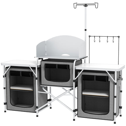 Folding camping kitchen with 3 cupboards & worktops, grey