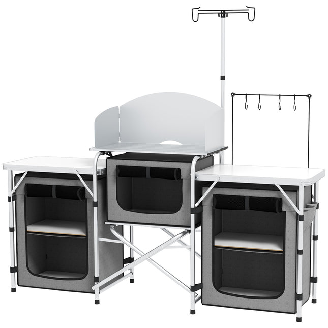 Folding camping kitchen with 3 cupboards & worktops, grey