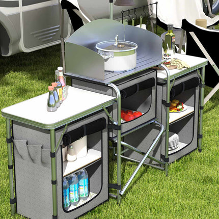 Folding camping kitchen with 3 cupboards & worktops, grey