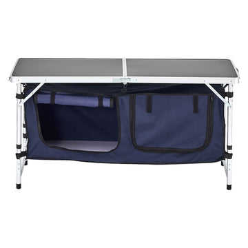 Camping Kitchen Table – Folding, 3-Height, Storage, Blue