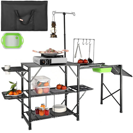 Camping Kitchen Table – Folding Aluminum, Sink, Shelves