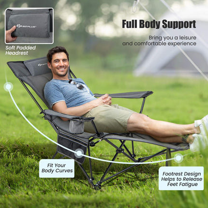 Camping Lounge Chair – Adjustable Backrest, Detachable Footrest, Gray