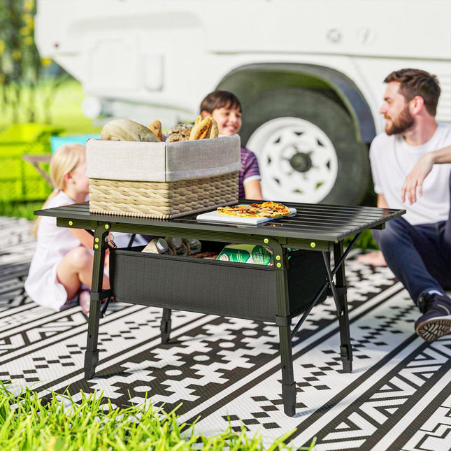 Folding camping table with storage, adjustable height