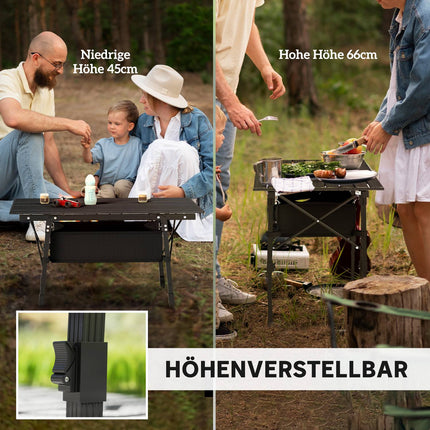 Folding camping table with storage, adjustable height