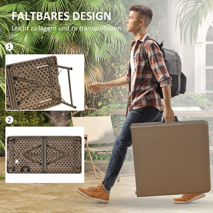 Folding camping table for 4 – Rattan look, brown HDPE