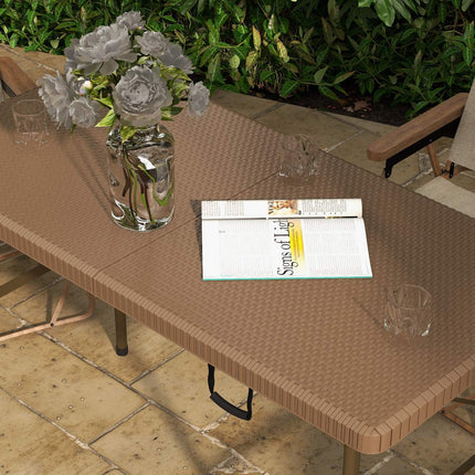 Folding camping table for 4 – Rattan look, brown HDPE