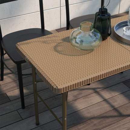 Folding camping table for 4 – Rattan look, brown HDPE