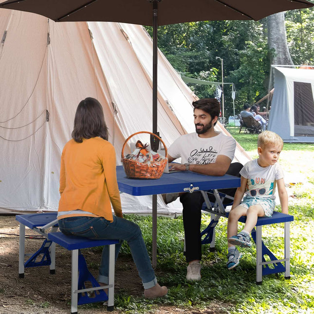 Folding aluminum camping table set with 4 seats, blue