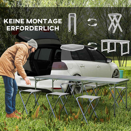 Folding aluminum camping table with 6 chairs, grey