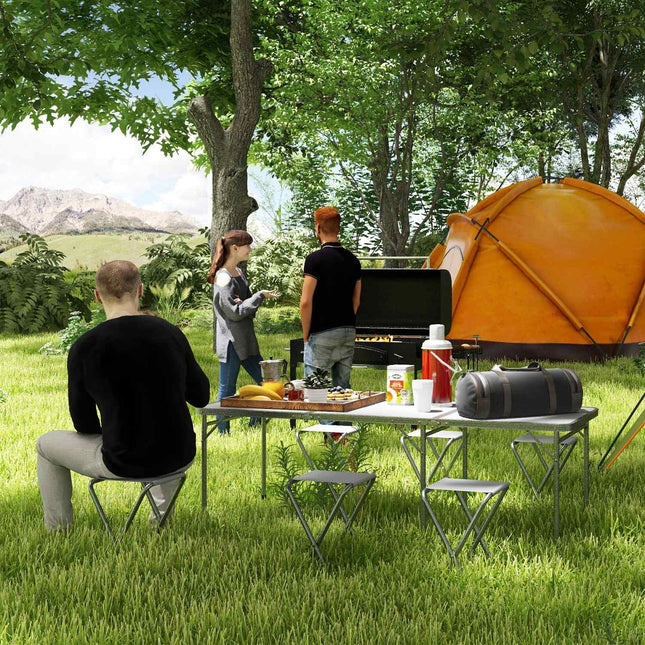 Folding aluminum camping table with 6 chairs, grey
