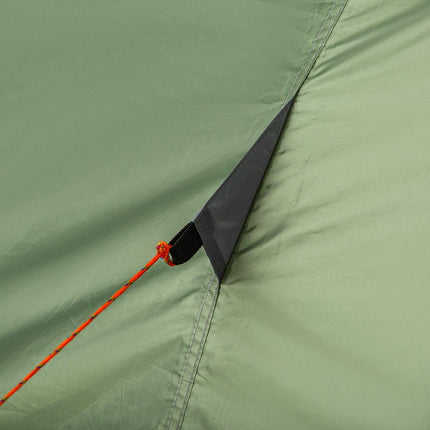 Two-person camping tent with fiberglass poles, dark green