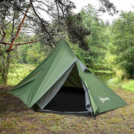 Two-person camping tent with fiberglass poles, dark green