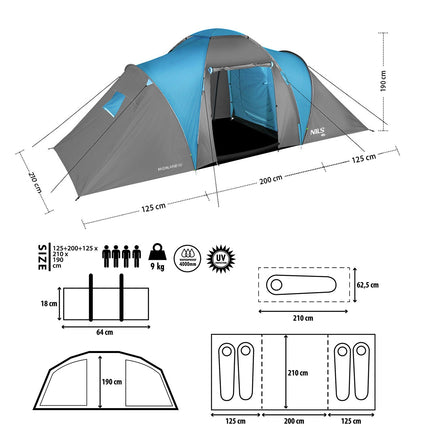 Camping Tent, 4-Person, Blue-Gray