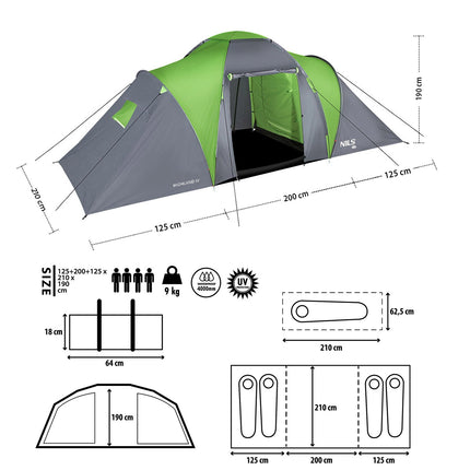 Camping Tent, 4-Person, Green-Gray, Waterproof