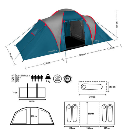 Camping Tent, Blue/Light Gray, 4-Person