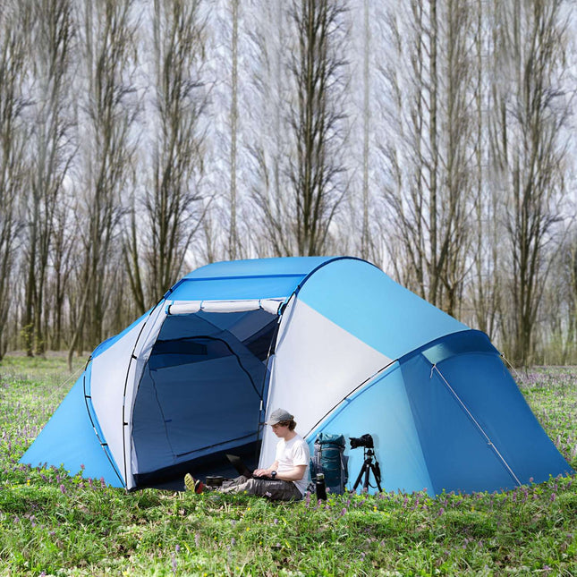 Camping tunnel tent for 4-6 people, 2 cabins, blue