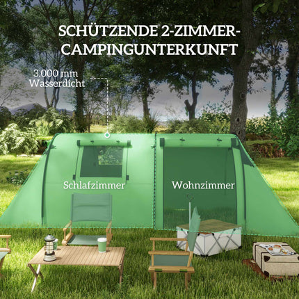 Camping Tent for 4, Waterproof, 2-Room, Dark Green
