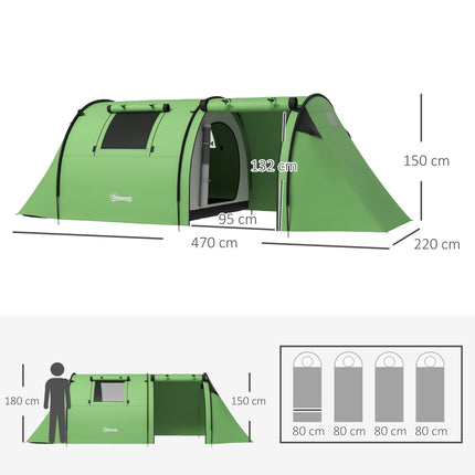 Camping Tent for 4, Waterproof, 2-Room, Dark Green