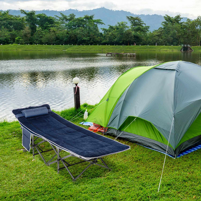 Folding camping bed with pillow and pocket, 150 kg capacity