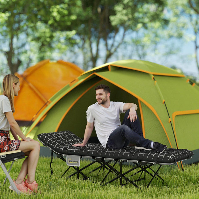 Folding camping bed with side pocket - non-slip, 150 kg capacity