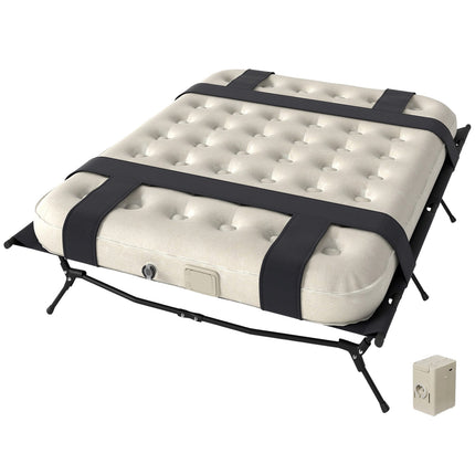 Kampeerbed campingbed met luchtmatraspomp 200 x 153 cm logeerbed draagvermogen tot 200 kg extra brede campingligstoel voor 2 volwassenen voor kamperen buiten tuin reizen zwart + kaki Aosoom