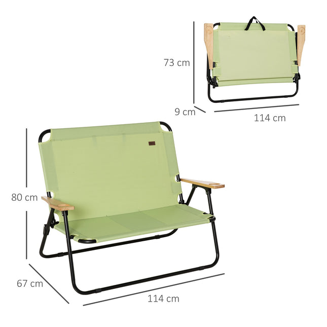 2-seater folding camping chair with cup holder, light green