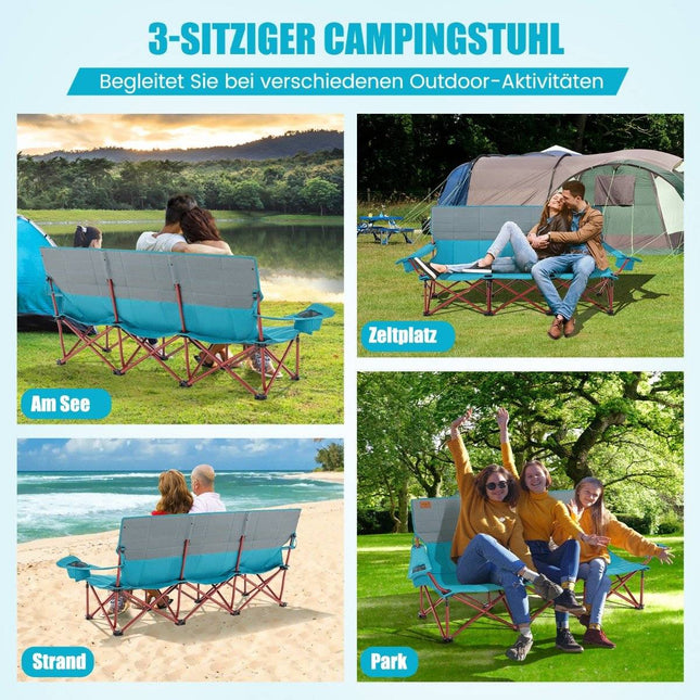 Camping chair for 3 people with padded seat &amp; Cup holder &amp; 450 kg load capacity blue