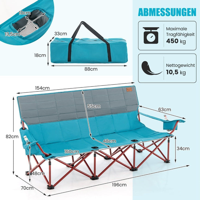 Camping chair for 3 people with padded seat &amp; Cup holder &amp; 450 kg load capacity blue