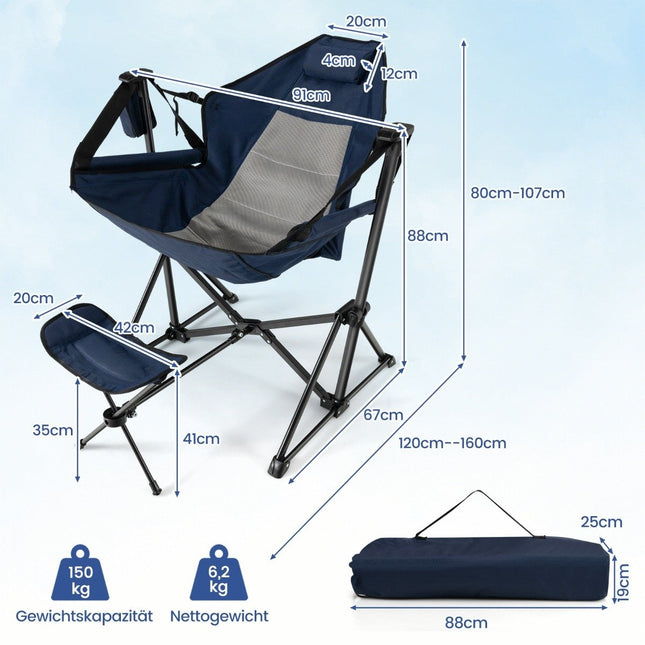 Camping chair with footrest &amp; adjustable backrest &amp; headrest &amp; cup holder fishing chair navy blue