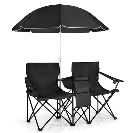 Camping chair with parasol double folding chair with cup holder cool bag black