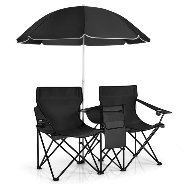 Camping chair with parasol double folding chair with cup holder cool bag black