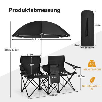Camping chair with parasol double folding chair with cup holder cool bag black