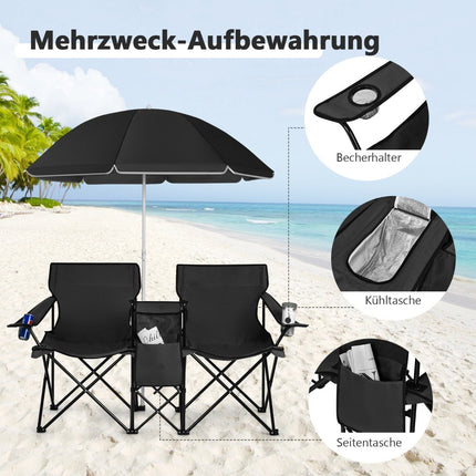 Camping chair with parasol double folding chair with cup holder cool bag black