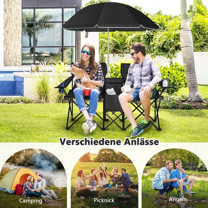 Camping chair with parasol double folding chair with cup holder cool bag black