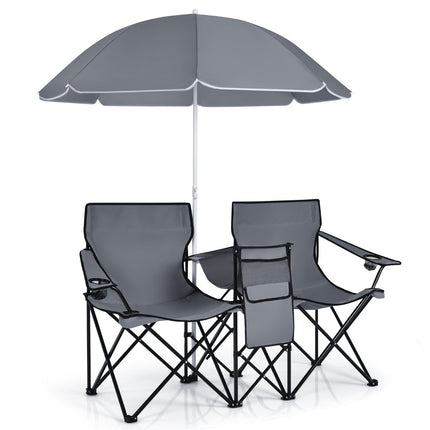 Camping chair with parasol double folding chair with cup holder cool bag gray