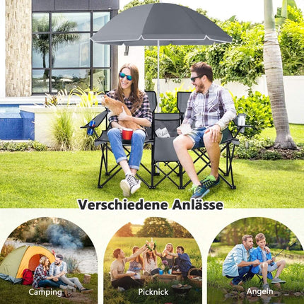Camping chair with parasol double folding chair with cup holder cool bag gray