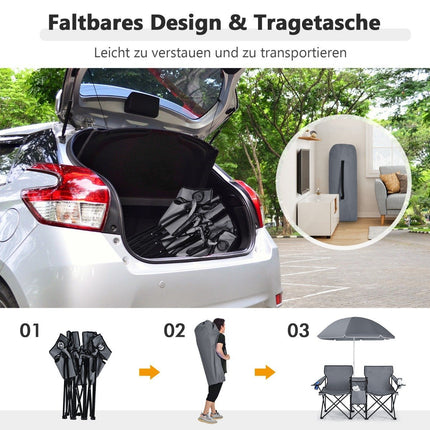 Camping chair with parasol double folding chair with cup holder cool bag gray