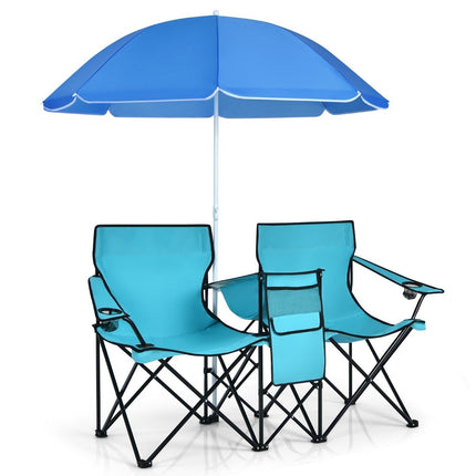 Camping chair with parasol double folding chair with drink holder cool bag turquoise