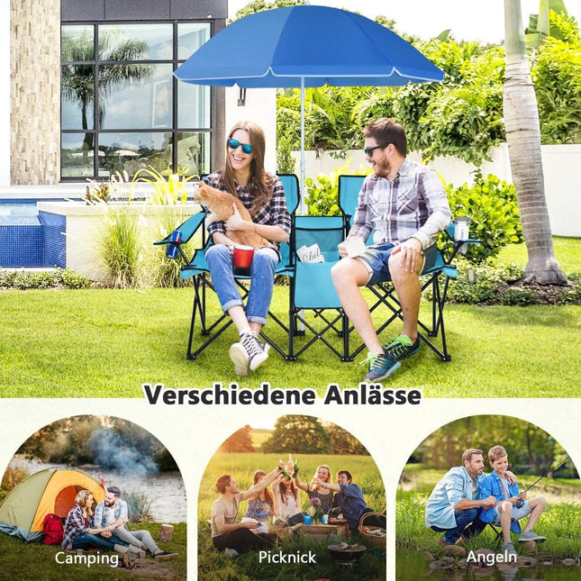 Camping chair with parasol double folding chair with drink holder cool bag turquoise