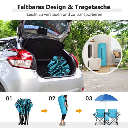 Camping chair with parasol double folding chair with drink holder cool bag turquoise