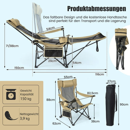 Camping chair with removable footrest & adjustable backrest & cup holder Khaki