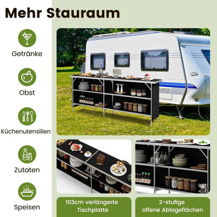 Camping cupboard foldable portable camping kitchen with 2 tier shelves 206 x 38 x 83 cm black