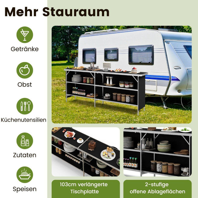 Camping cupboard foldable portable camping kitchen with 2 tier shelves 206 x 38 x 83 cm black