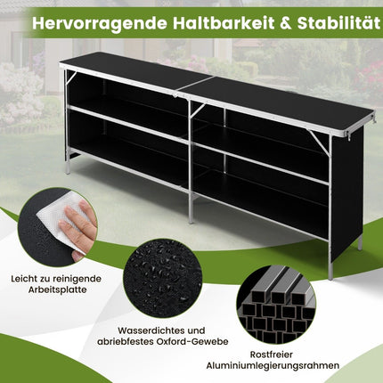 Camping cupboard foldable portable camping kitchen with 2 tier shelves 206 x 38 x 83 cm black